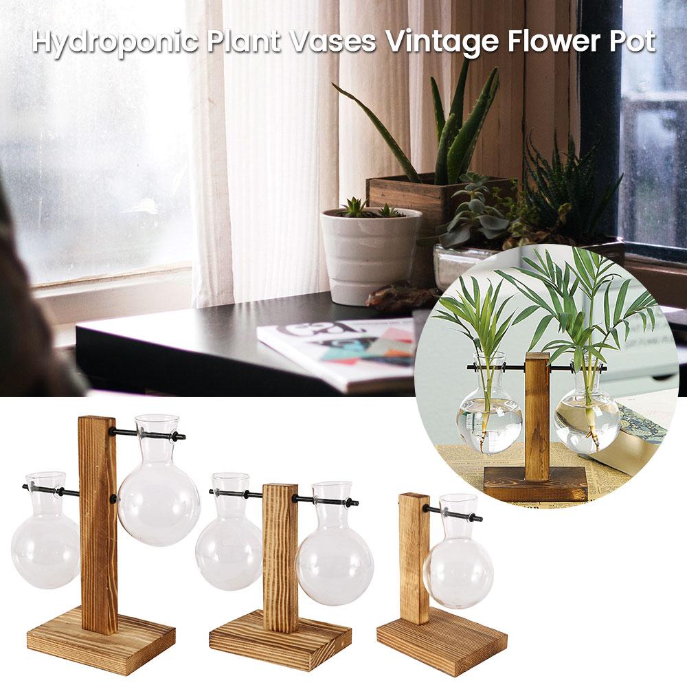 Creative Glass Desktop Planter Bulb Vase Wooden Stand Hydroponic Plant Container Home Tabletop Decor Vase Stand Dropshipping Hot