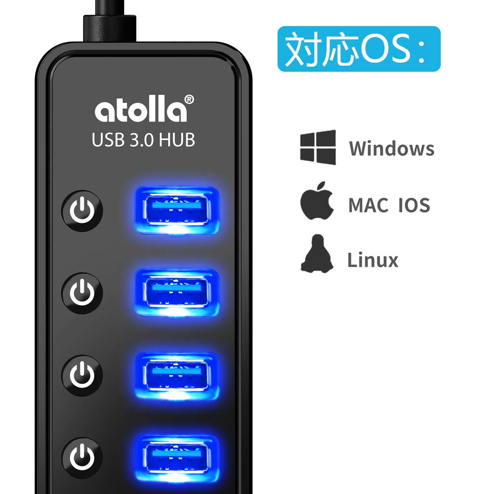 USB-концентратор atolla USB-концентратор 7 дополнительных портов 1 зарядный USB-выключатель расширения с питанием Адаптер переменного тока 100 см USB 3.0 + порт, автономное питание/шина [Независимый