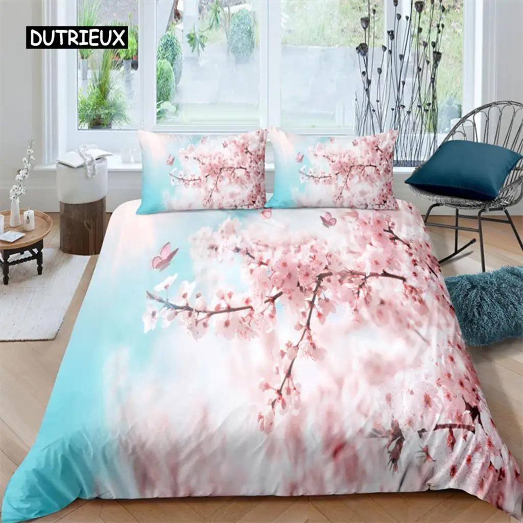 Plum Blossom Duvet Cover Collection King Pink Flower Quilt Cover For Girls Microfiber Branches Printed Bedding Collection