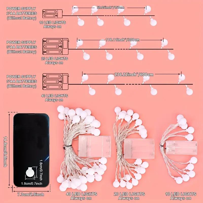 1pc Romantic White Ball LED String Light Suitable For Living Room Bedroom Wedding Birthday Decoration Light Warm White