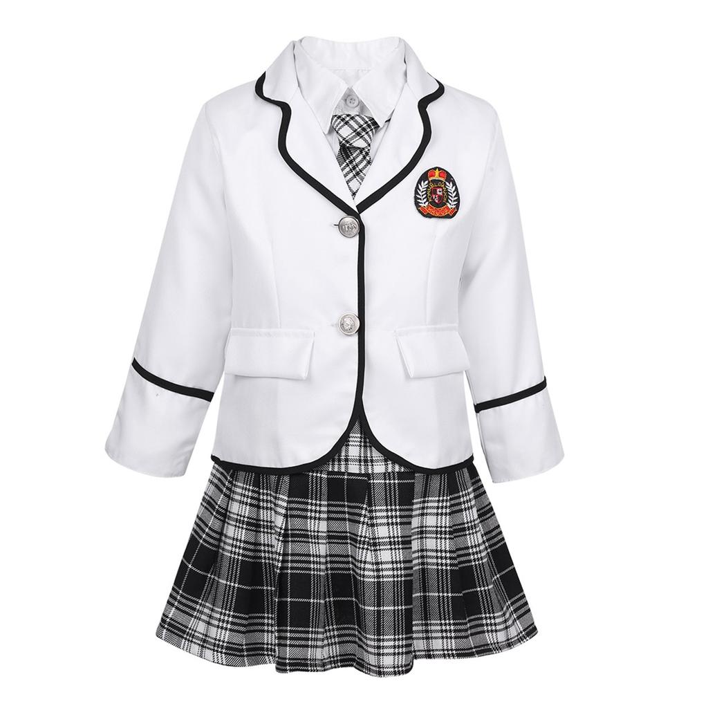 Girls School Uniform Kids British Style Japanese Anime Outfit Long Sleeve Coat with Shirt Tie Mini Skirt 4PCS Set