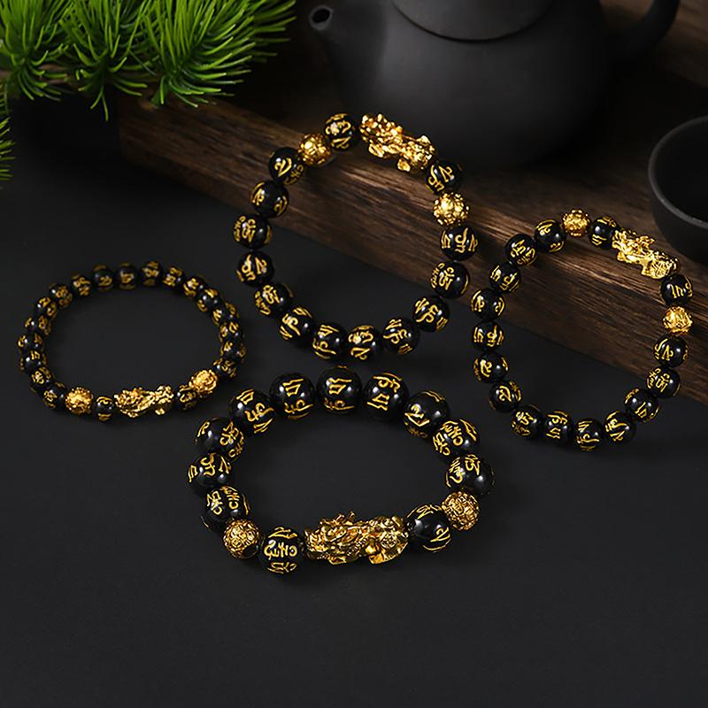 Chinese Style Pixiu Six-character Mantra Obsidian Stone Beads Bracelet For Men Women Wristband Wealth And Good Luck Bracelet