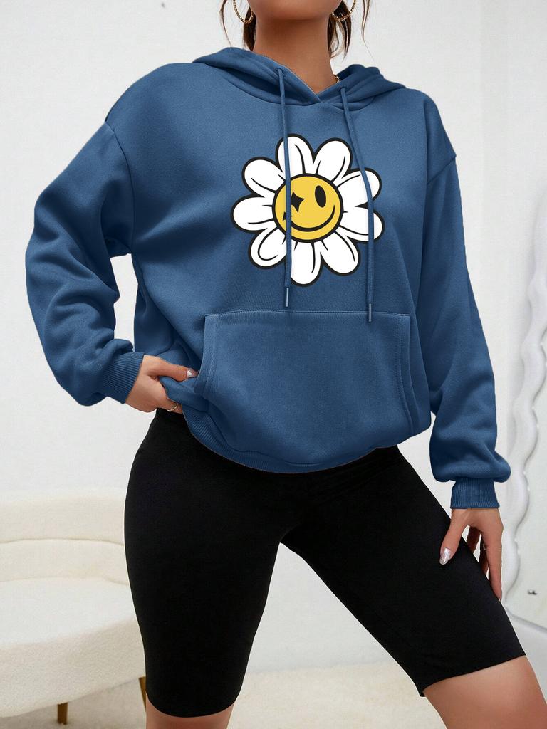 Smiling Face Flower Printed Streetwear Women Creativity Warm Hoodie Autumn Fleece Pullover Comfortable Pocket Female Clothes