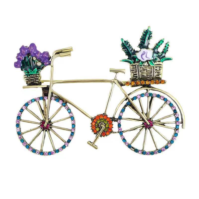 Creative Bicycle Brooch for Women Men Fashion Rhinestone Flower Basket Brooches Pins Jewelry Accessories Party Gifts 2025