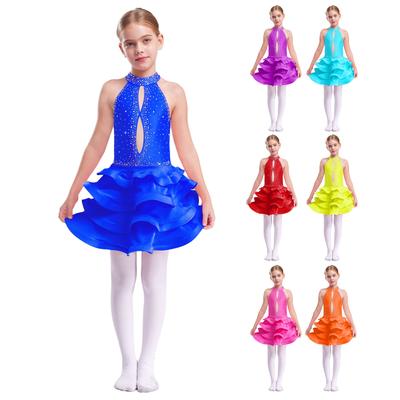 Платье для латиноамериканских танцев с блестящими стразами, без рукавов, с открытой спиной, с пышной многоярусной юбкой для соревнований