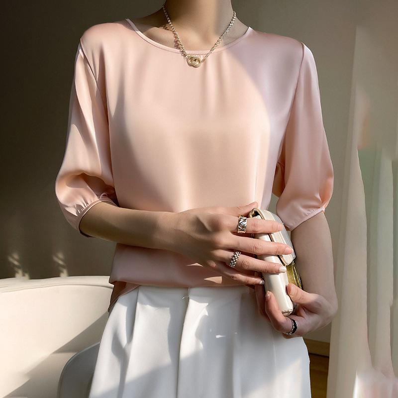 Breathable Silk Women's Round Neck Loose Solid Color Acetate Satin T-Shirt (2024 Spring/Summer Collection)
