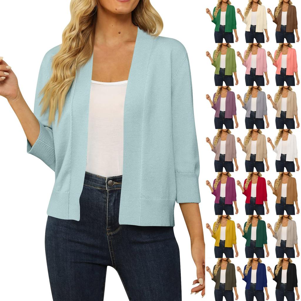 Women's 3/4 Sleeve Cropped Cardigan Sweater Open Front Short Shrugs Cardigans Lightweight Sweaters