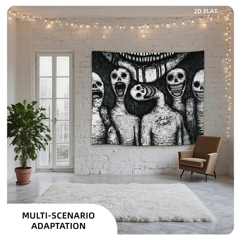VIKAMA Dark Gothic Monster Wall Tapestry, Scary Grinning Creature Sketch Print Wall Hanging, Horror Fabric Backdrop Home Decor
