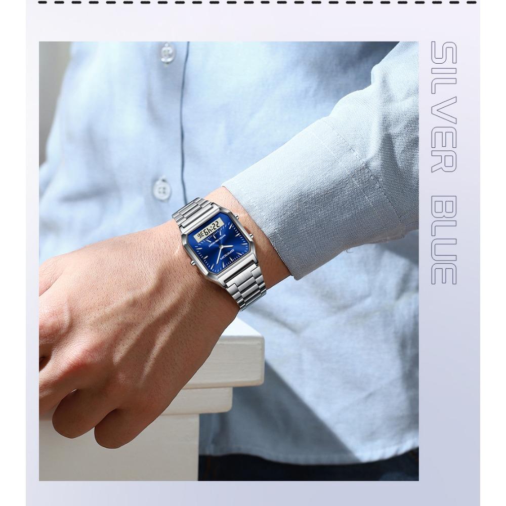 Unisex Analog Digital Quartz Wristwatch Square Case Waterproof Stainless Steel Bracelet Watch