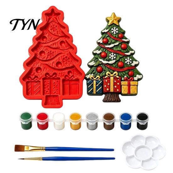 Handmade Holiday Pendants Christmas Tree Mold Craft Kit, DIY Casting Painting Kit with Paints Palette And Customized Hanging Ornaments Brush,