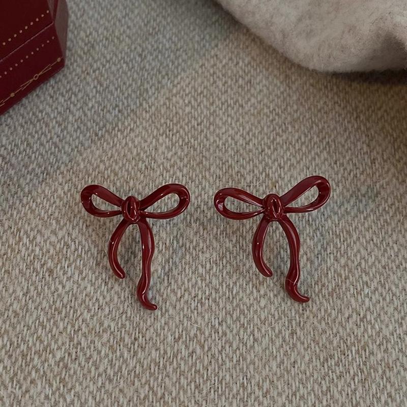 Retro Style Red Bowknot Stud Earrings for Women Girls Simple Earings Piercing Ballet Ribbon Aesthetics Elegant Ear Zircon Gifts