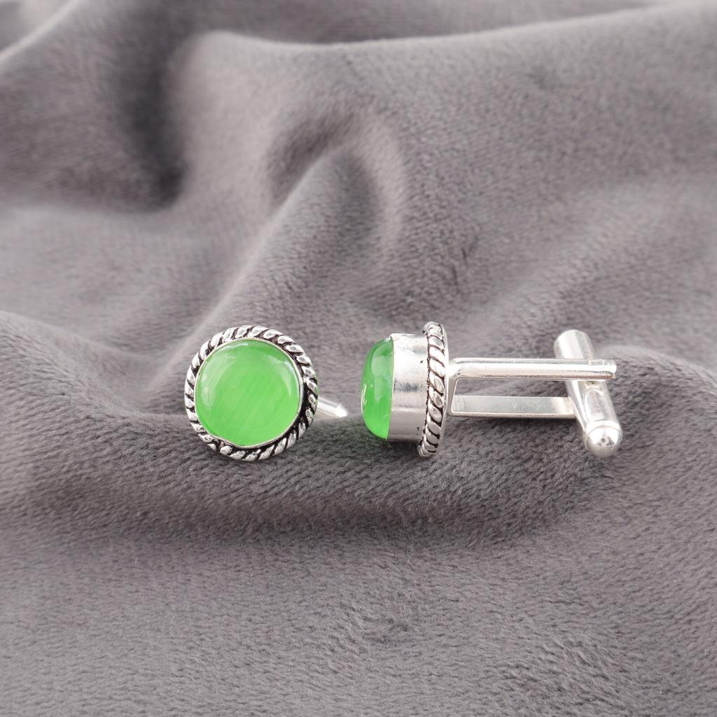 Зеленый камень Кошачий глаз Ювелирные изделия из серебра 925 пробы Ручной работы Запонки 0,51" CL-3-22