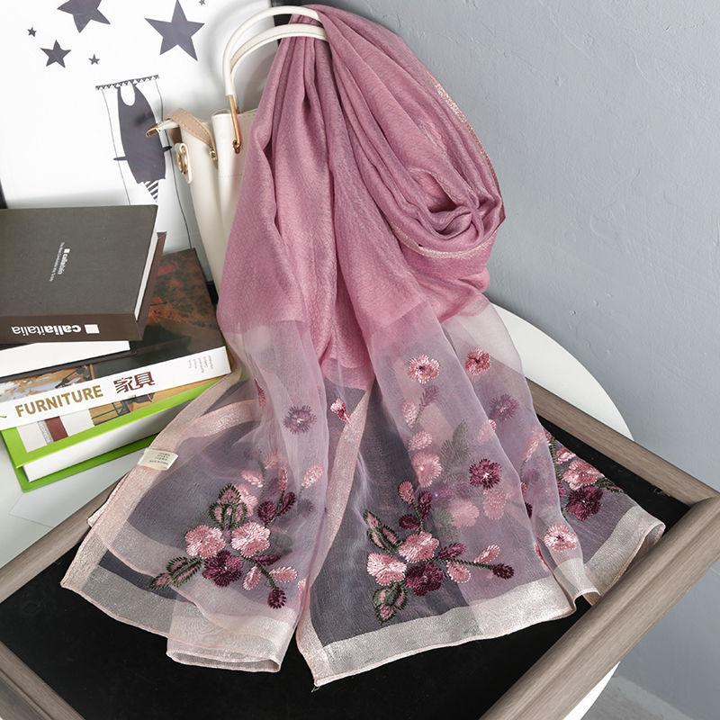 Silk Wool Embroidered Silk Scarf Women'S Spring And Autumn Thin Outer Shawl Dual-Purpose Winter Gift High-End Mulberry Silk Scarf