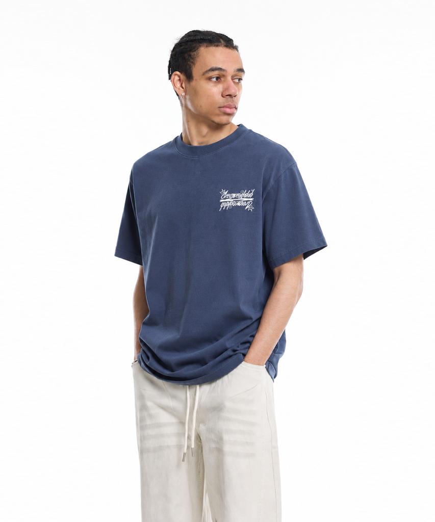 CREAM SODA LAB Crsdel Small Logo Garment Dyed Pigment Short Sleeve T-Shirt Steel Blue White