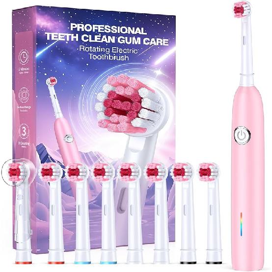 Rotating Electric Toothbrush with 8 Brush Heads for Adults and Kids, 3 Modes Rechargeable Power Toothbrush with 2-Minute Smart Timer, 45-Day Battery