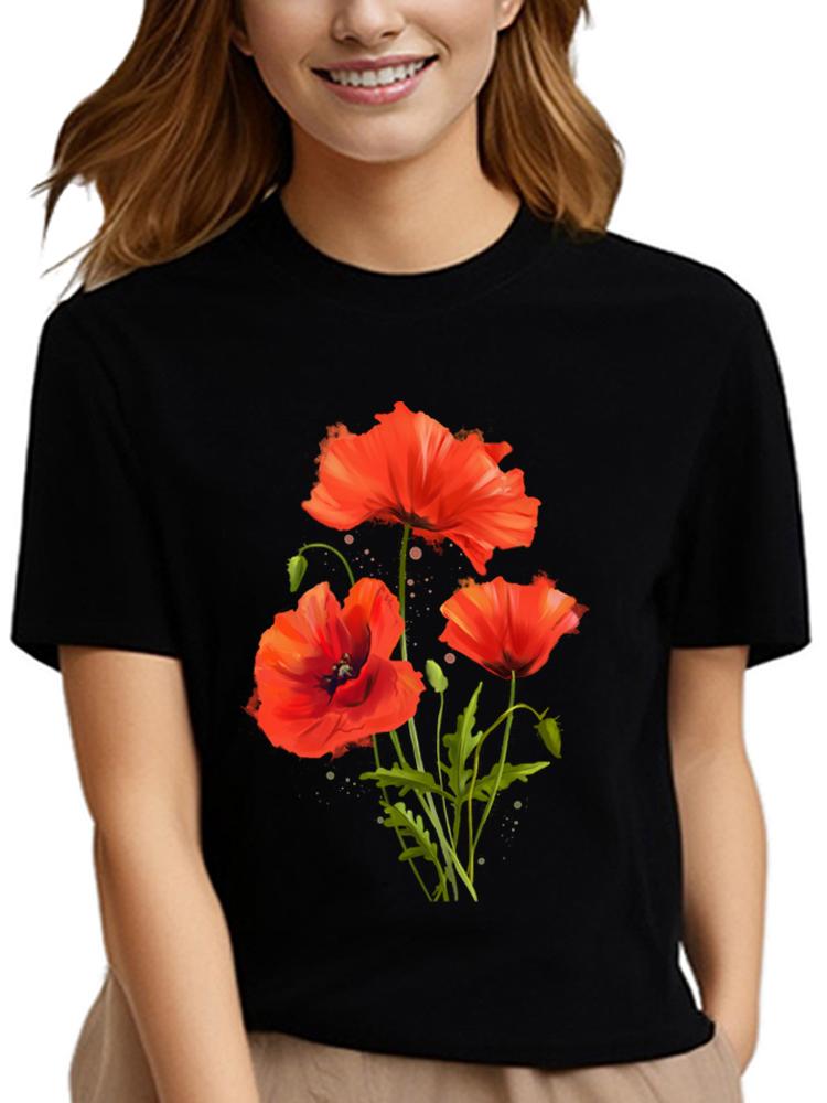 Модная красная футболка унисекс с принтом цветов и цветов, черная футболка с коротким рукавом, летняя футболка унисекс с принтом цветов в стиле Харадзюку для девочек