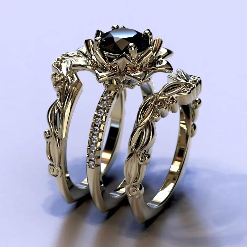 European and American fashion creative rose shape black zircon inlaid personalized luxury women's three-piece ring
