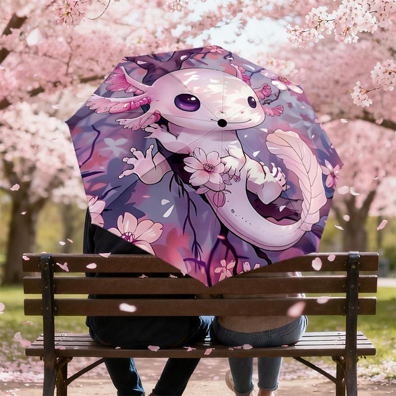 1PC Axolotl Sakura Automatic Open/Close Umbrella with Windproof, 8-Rib Sturdy Canopy, Durable Ribs, Fashionable Design, Outdoor Accessory, Fun Prin, H