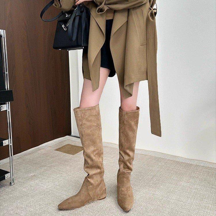 Huge Good-Looking Knee Boots Women'S New Popular Flat-Bottomed Brown Thin Boots Maillard Tall Stacking Boots