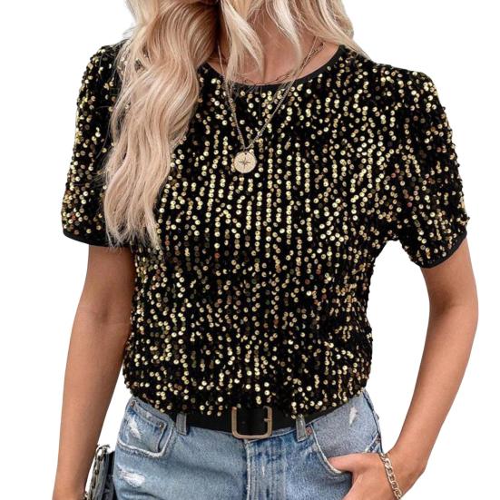 Yousheng женские топы с круглым вырезом и коротким рукавом, блестящие пайетки, украшенные футболки, стандартный крой, повседневная одежда