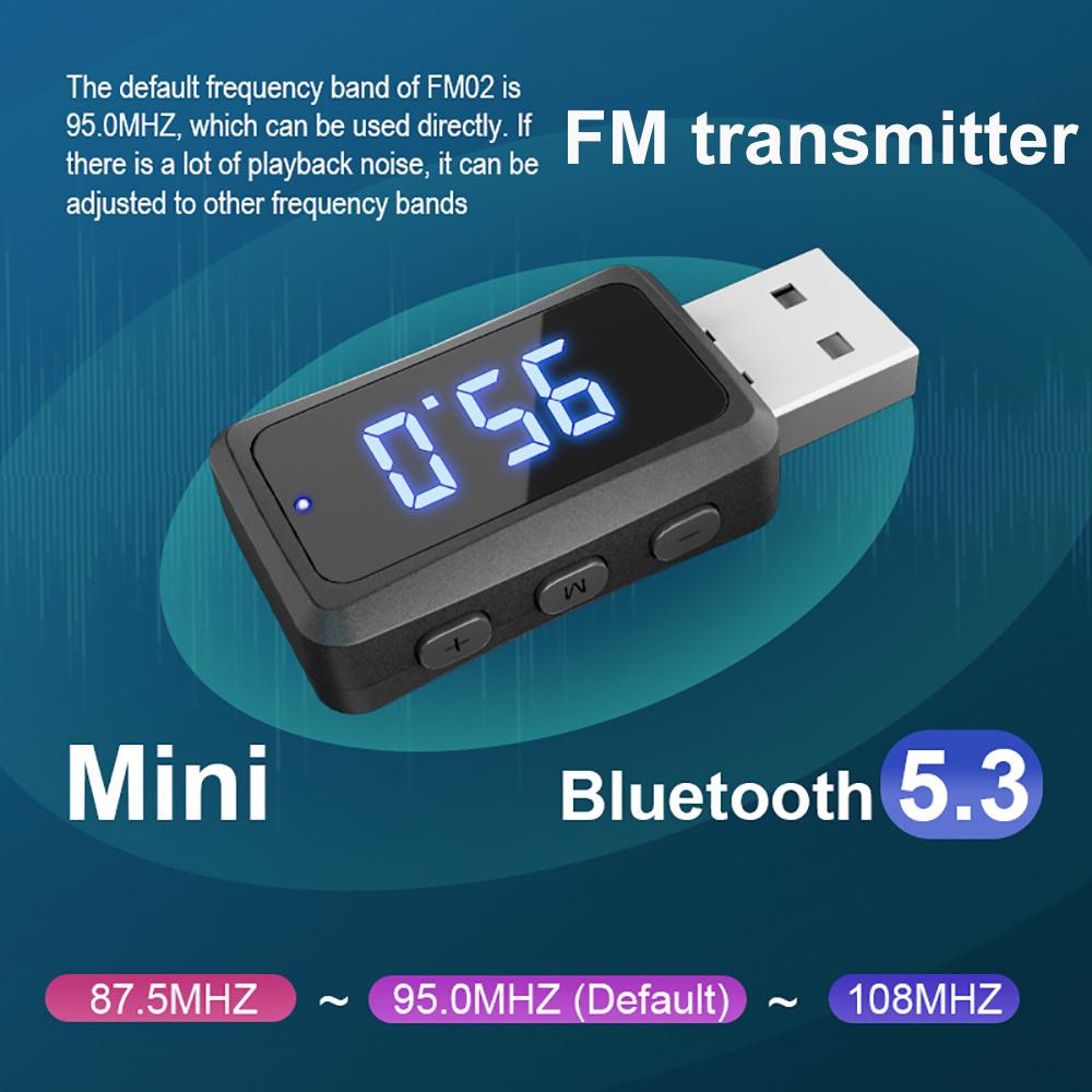 FM02 Mini USB Bluetooth 5.3 Адаптер FM-передатчика Аудиоприемник со светодиодным дисплеем 87,5-95 МГц Регулируемая громкая связь Автомобильный комплект аудио для авто радио