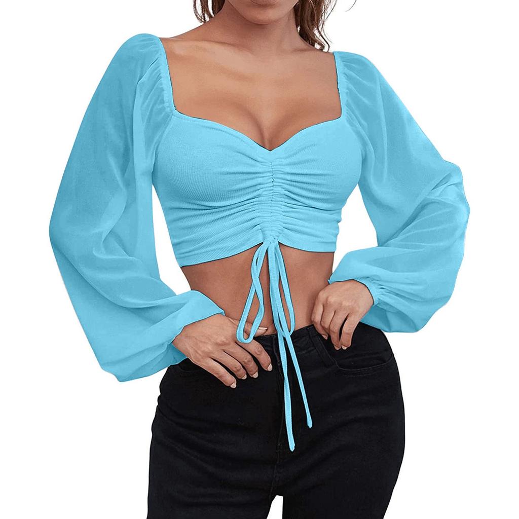 Ladies Casual Solid Color Square Neck Pullover Mesh Splicing Sexy Fashion Top