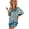 Summer Women Dress Bohemian Style Floral Print V Neck Lace-up Drawstring Long Sleeves Patchwork