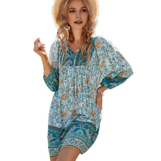 Summer Women Dress Bohemian Style Floral Print V Neck Lace-up Drawstring Long Sleeves Patchwork