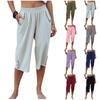 Льняные брюки для женщин, повседневные однотонные брюки, однотонные брюки 3/4 с высокой талией и карманом