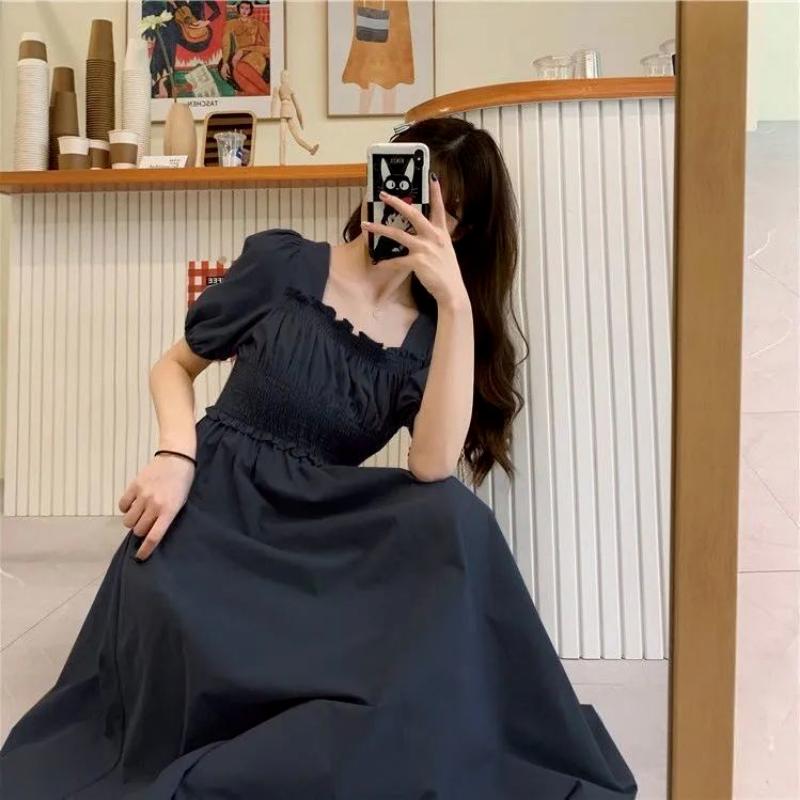 Летние платья Ретро французские платья длиной до колена, с квадратным вырезом и рукавами-пузырьками, с квадратным вырезом и талией