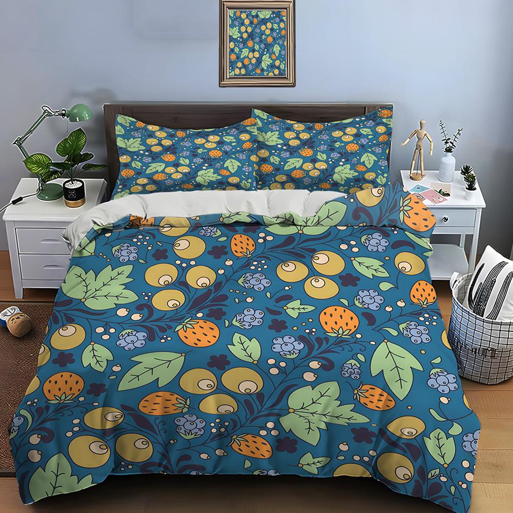 Colorful hand-drawn fruits and leaves Print Bedding Set 1Duvet Cover 2Pillowcases for Adult and Children Luxury Gift Full Size