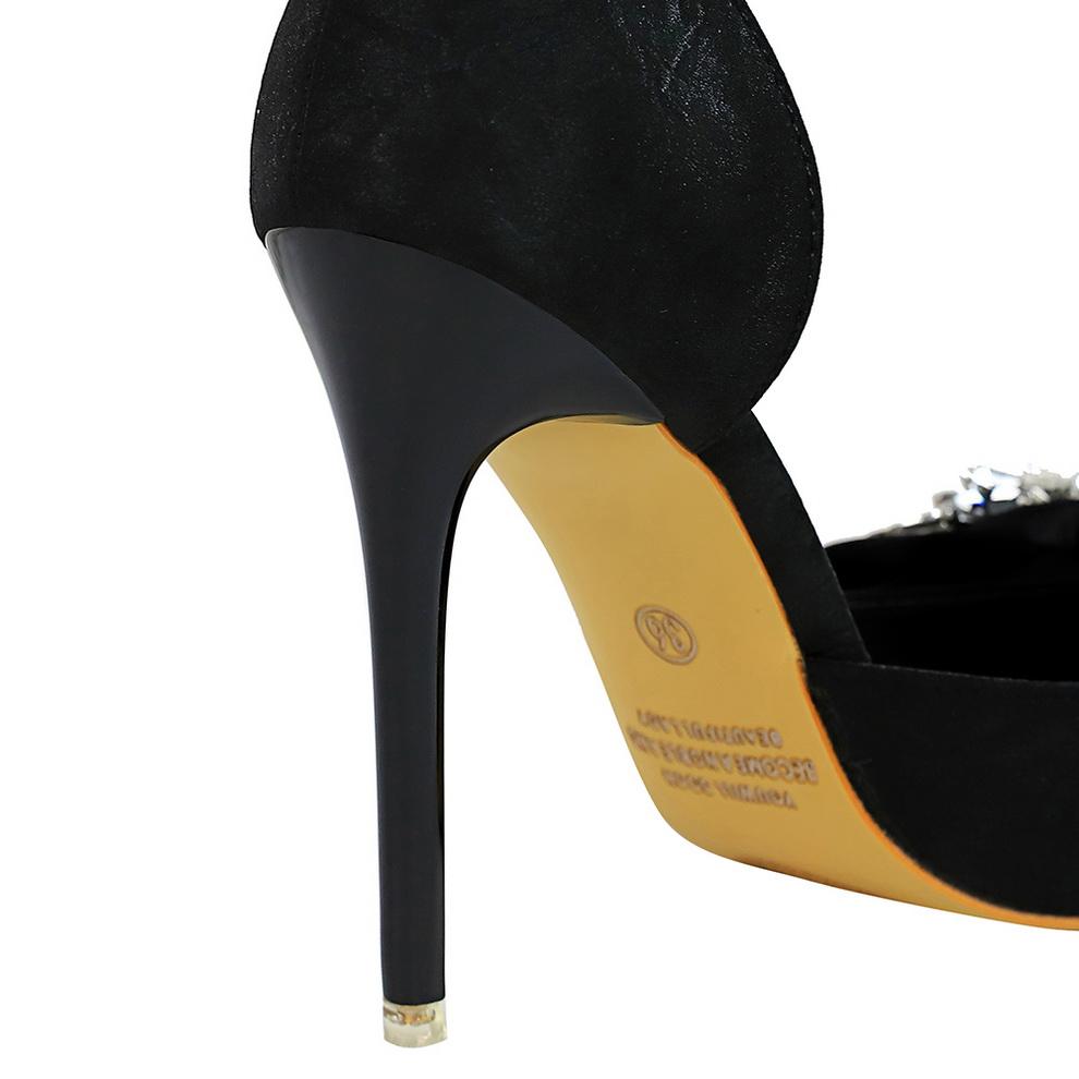 BIGTREE European and American High-heeled Stiletto Shallow Mouth Pointed Side Hollow-out Cloth Super High Heel Diamond-bow Single Shoe