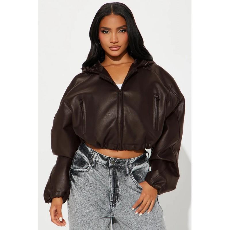 Womens Short Crocodile-Texture PU Leather Biker Jacket With Hood Zipper Waist Belt Streetwear