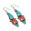 Natural Tibetan Turquoise, Coral Gemstone 925 Sterling Silver Earring 2.36" F2i51