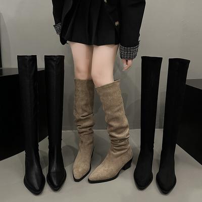 Стрейч Мягкая Кожа Женские Сапоги Выше Колена Обувь с Острым Носком Осень Зима Толстый Каблук Женские Длинные Ботильоны