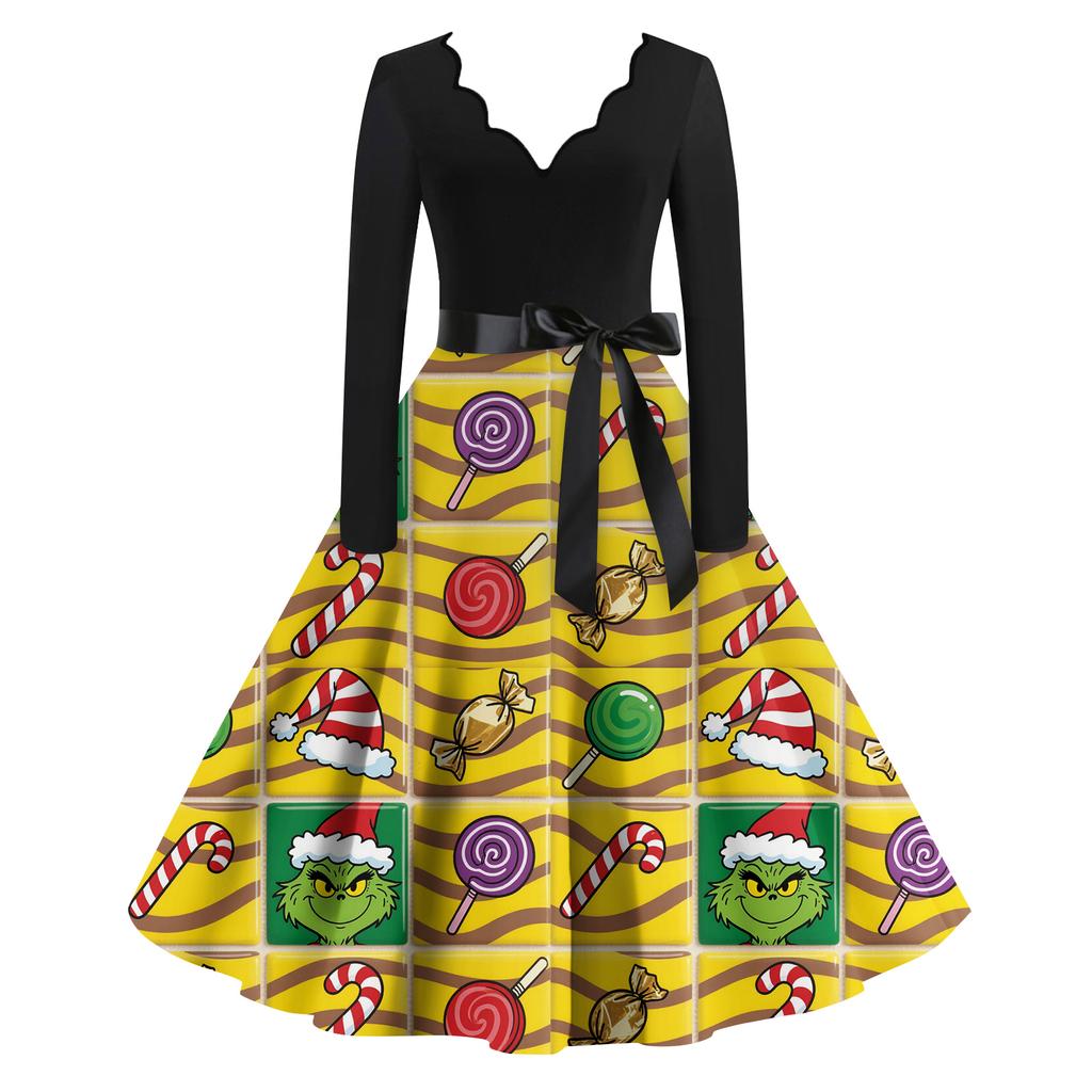 Женское модное ретро платье с длинным рукавом, квадратным вырезом, рождественским принтом, вечернее платье