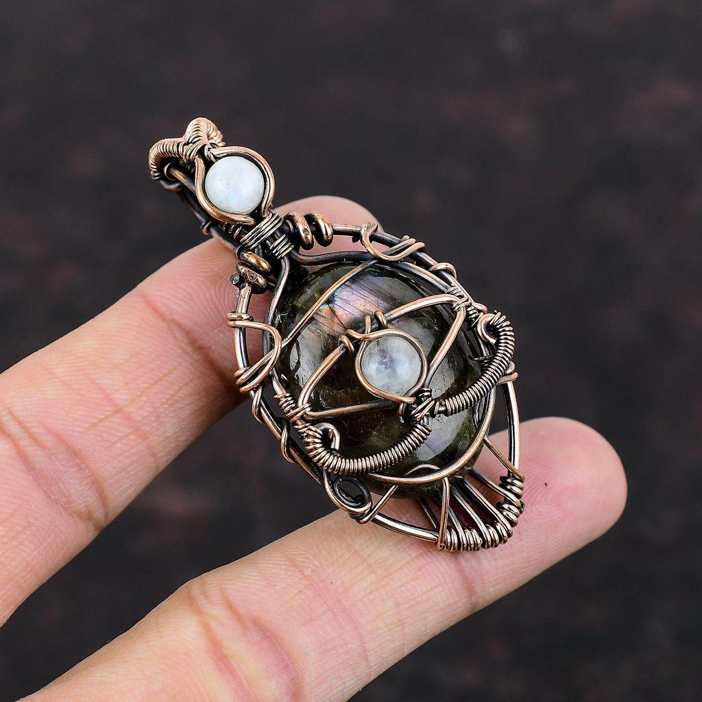 Подвеска из лабрадорита от сглаза, подвеска из медной проволоки, ручная работа, радужное украшение из лунного камня, подвеска из драгоценного камня, медное украшение, подарок на годовщину