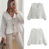 Casual Shirt Lapel Ruffle Hem Shirt Sleeve Lace-up Closure Lantern Long Solid Color Loose Fit