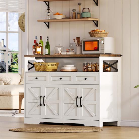 Coffee Bar Buffet Sideboard 140cm with Storage Space 3 Drawers Country Style Console Kitchen Cabinet Doors Cupboards Shelves Suitable for Kitchen