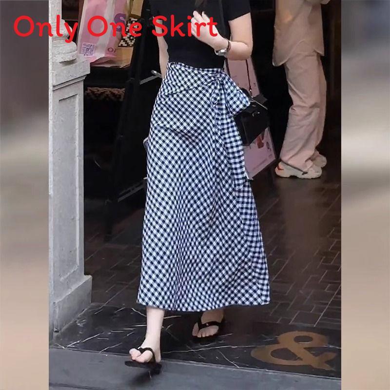 Cotton Blend Plaid Midi Skirt With High Waist For Summer Casual Wear