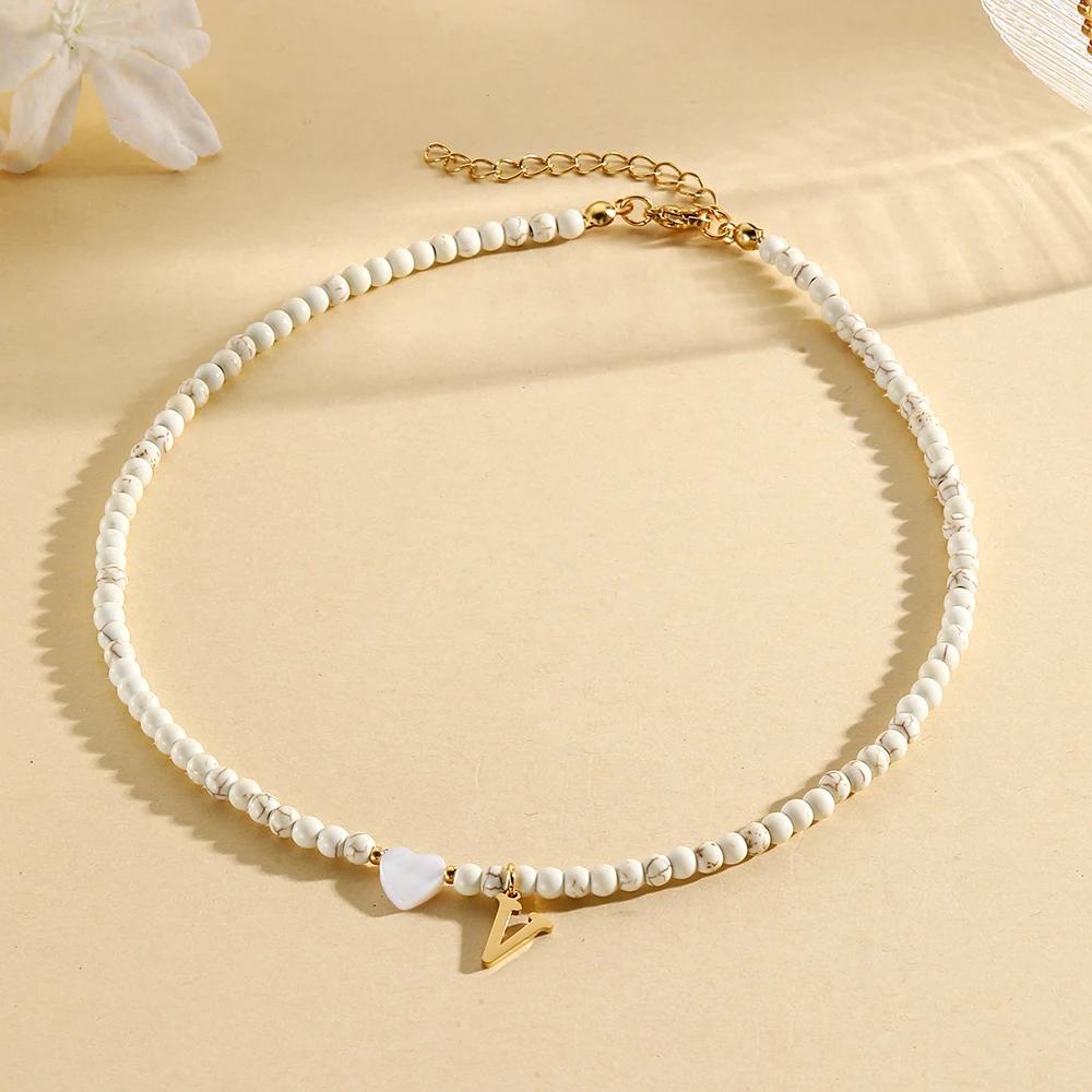Bohemian Choker Neck Initial Necklaces Heart-shaped Shell Letter Pendant Beads Women's Stainless Steel Necklace Woman Trend2025