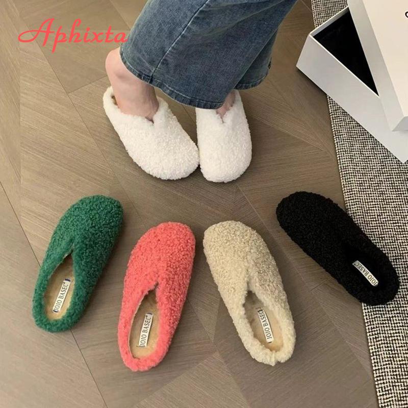 Fashion Aphixta New Warm Winter Slippers Candy Color Sweet Women Slippers Furry Round Toe Shoes Indoor Flat Heel Hair Slides