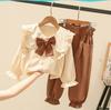 Spring  Autumn Children  Girls Clothing Suits Kids  Bowknot Long-sleeved Blouse Shirts + Pants2pcs Clothes Sets