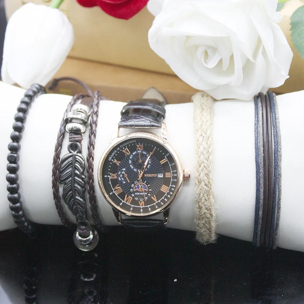 Набор из 5 предметов, роскошные мужские часы, элегантные, с двойным календарем, водонепроницаемые, с браслетом в коробке, спортивные мужские часы для движения