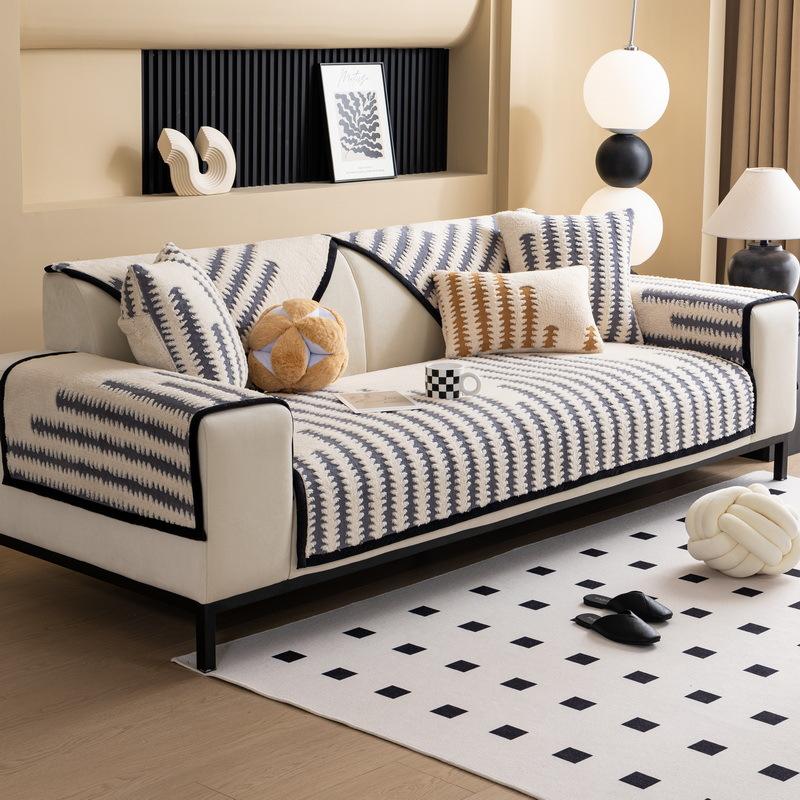 Sofa Cushion New Thousand Bird Grid Thickened Plush Seat Cushion High-End Non-Slip Leather Sofa Cover Winter Cover