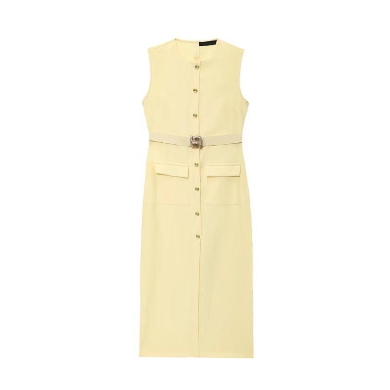 Summer New Product Women's Clothes Decorated Row Button with Belt Crepe Sleeveless Round Neck Midi Skirt Dress 3897054
