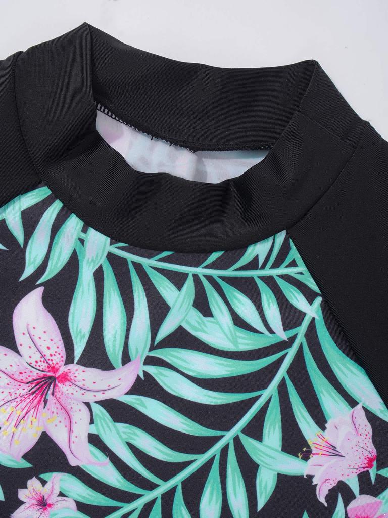 Girls 2 Piece Floral Print Swim Set Round Neck Short Sleeve Top Elastic Waist Boyshorts Beach Bathing Suit Swimsuit