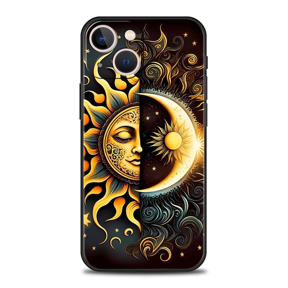 Чехол для телефона 'Луна Солнце' для iPhone 17 16 15 Pro Max 11 12 13 14 7 8 Plus SE 2020 X XR XS Мягкий Черный