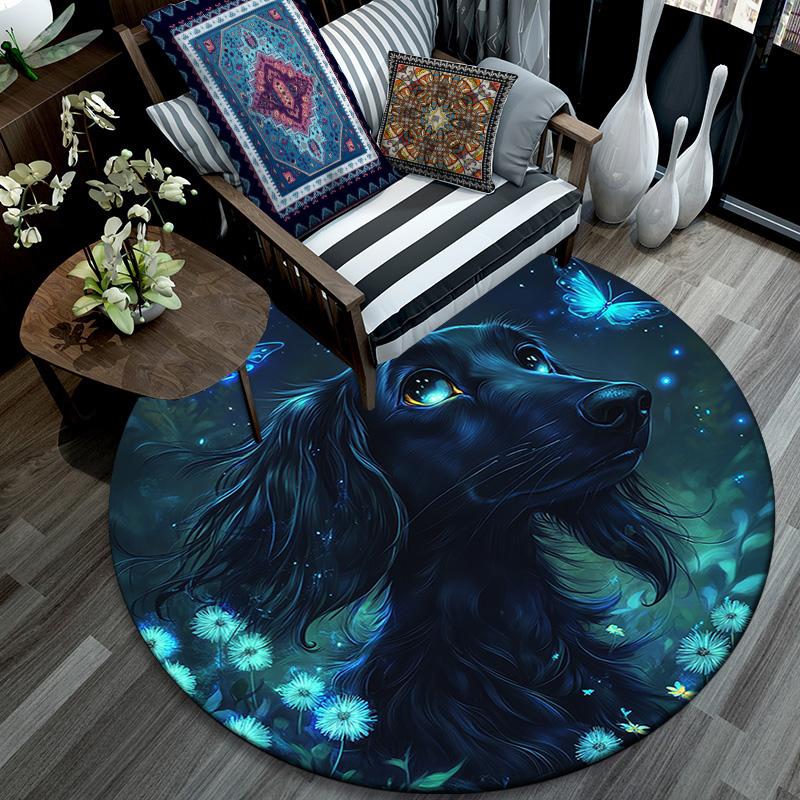 Magical Night Dog Round Area Rug,Carpet Rug for Living Room Bedroom Sofa Playroom Decor,Non-slip Floor Mat