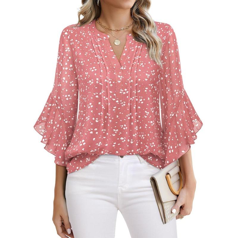 Топ с рукавом три четверти «лепесток лотоса», однотонный, модный, повседневный, свободный, с V-образным вырезом, деловые шифоновые рубашки, женские блузки и рубашки